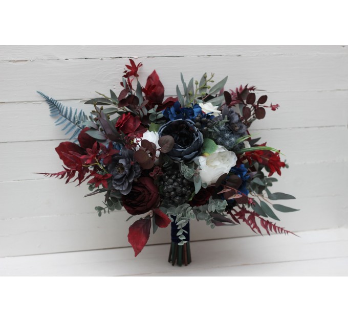Wedding Bouquets in Navy Blue, White & Burgundy | Cascading Faux Bridal & Bridesmaid Bouquets