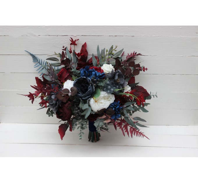 Wedding Bouquets in Navy Blue, White & Burgundy | Cascading Faux Bridal & Bridesmaid Bouquets