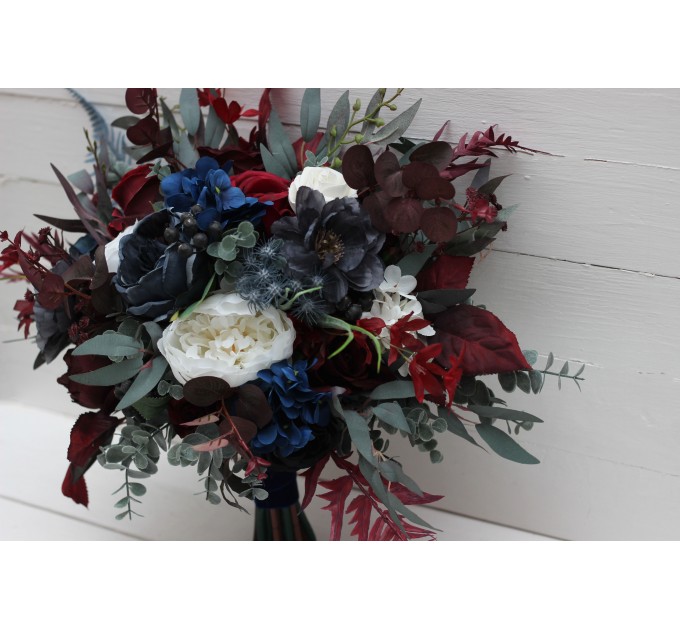 Wedding Bouquets in Navy Blue, White & Burgundy | Cascading Faux Bridal & Bridesmaid Bouquets
