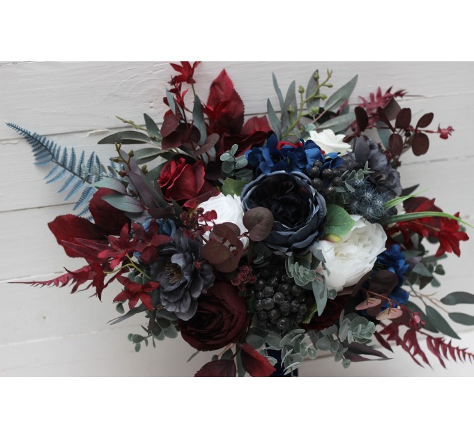 Wedding Bouquets in Navy Blue, White & Burgundy | Cascading Faux Bridal & Bridesmaid Bouquets