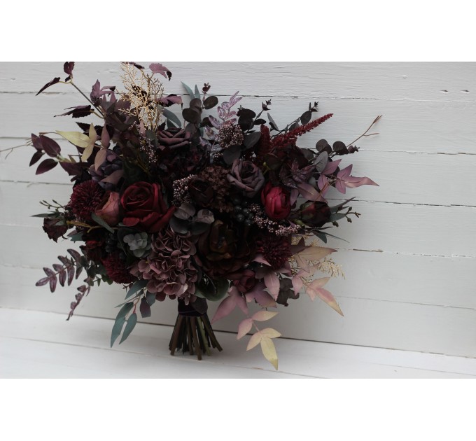 Wedding bouquets  in deep purple and burgundy colors. Bridal bouquet. Cascading bouquet. Faux bouquet. Bridesmaid bouquet. 5223