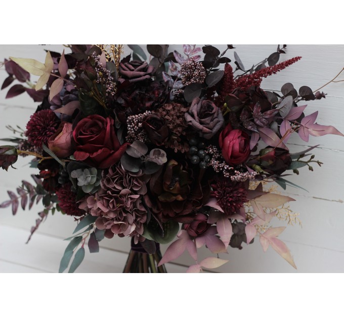 Wedding Bouquets in Deep Purple & Burgundy | Cascading Faux Bridal & Bridesmaid Bouquets