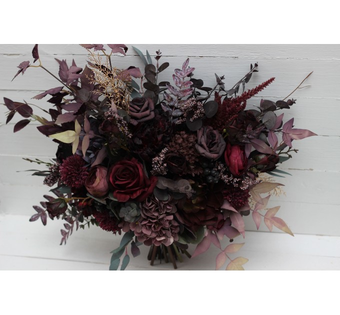 Wedding Bouquets in Deep Purple & Burgundy | Cascading Faux Bridal & Bridesmaid Bouquets