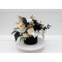 White black gold centerpiece. Table decor. Wedding flowers in box. 5065