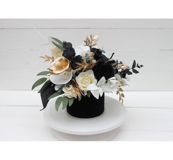 White black gold centerpiece. Table decor. Wedding flowers in box. 5065