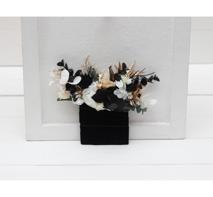 Pocket boutonniere in white black gold color scheme. Flower accessories. 5065