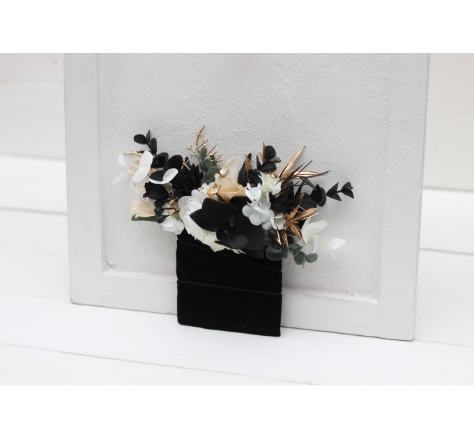 Pocket boutonniere in white black gold color scheme. Flower accessories. 5065