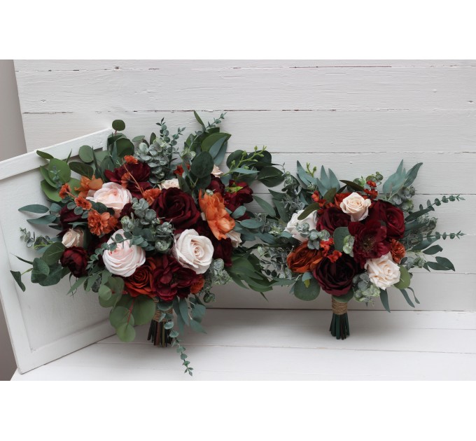 Wedding Bouquets in Rust, Blush Pink & Burgundy | Cascading Faux Bridal & Bridesmaid Bouquets