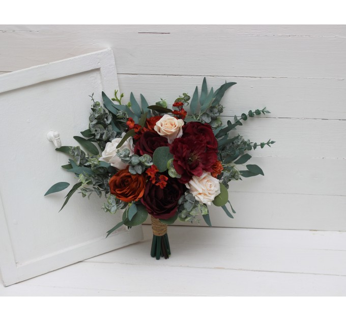 Wedding Bouquets in Rust, Blush Pink & Burgundy | Cascading Faux Bridal & Bridesmaid Bouquets