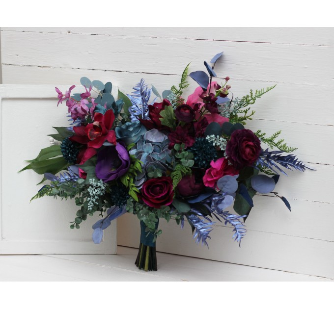 Wedding Bouquets in Teal, Magenta, Blue & Purple | Cascading Faux Bridal & Bridesmaid Bouquets