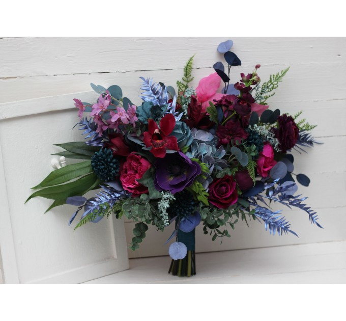 Wedding Bouquets in Teal, Magenta, Blue & Purple | Cascading Faux Bridal & Bridesmaid Bouquets