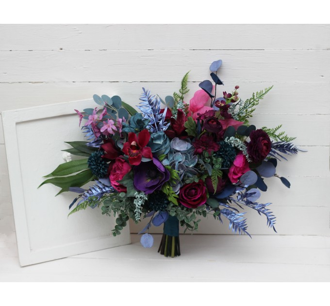 Wedding Bouquets in Teal, Magenta, Blue & Purple | Cascading Faux Bridal & Bridesmaid Bouquets