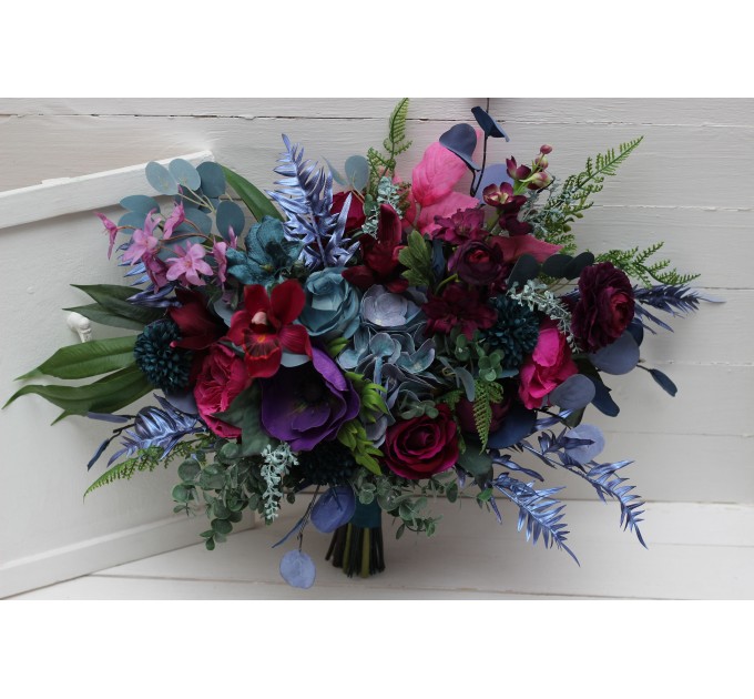 Wedding Bouquets in Teal, Magenta, Blue & Purple | Cascading Faux Bridal & Bridesmaid Bouquets