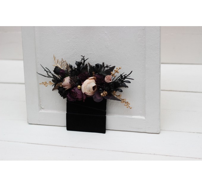 Pocket Boutonniere in Deep Purple, Black, Gold & Beige | Faux Flower Accessories