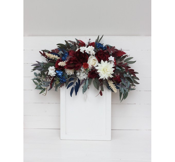Flower Arch Arrangement in Burgundy, Ivory & Navy Blue | Faux Floral Archway for Wedding