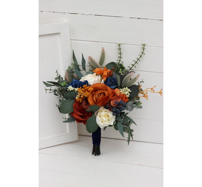 Bridesmaid & Small Bridal Bouquet in Burnt Orange, Ivory & Navy Blue | Faux Boho Fall Wedding Flowers