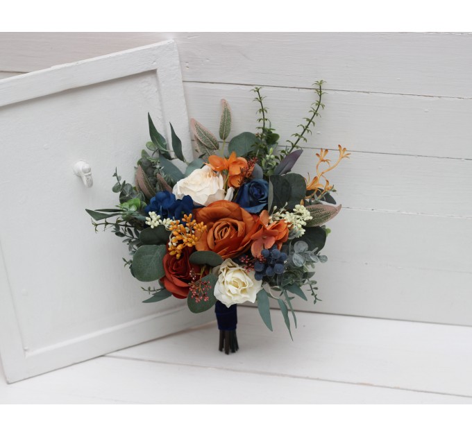 Bridesmaid & Small Bridal Bouquet in Burnt Orange, Ivory & Navy Blue | Faux Boho Fall Wedding Flowers