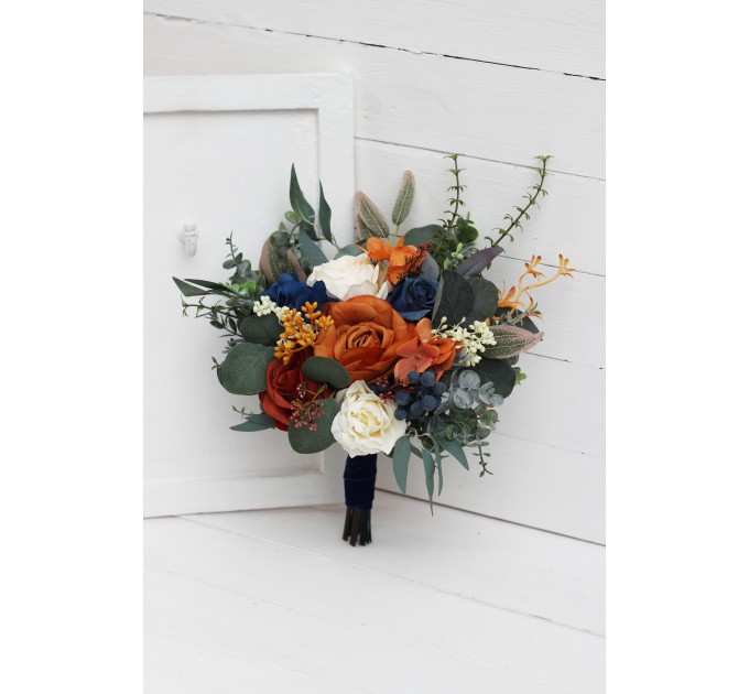 Bridesmaid & Small Bridal Bouquet in Burnt Orange, Ivory & Navy Blue | Faux Boho Fall Wedding Flowers