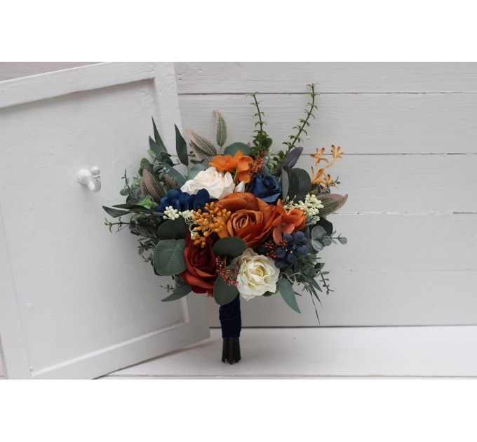 Bridesmaid & Small Bridal Bouquet in Burnt Orange, Ivory & Navy Blue | Faux Boho Fall Wedding Flowers
