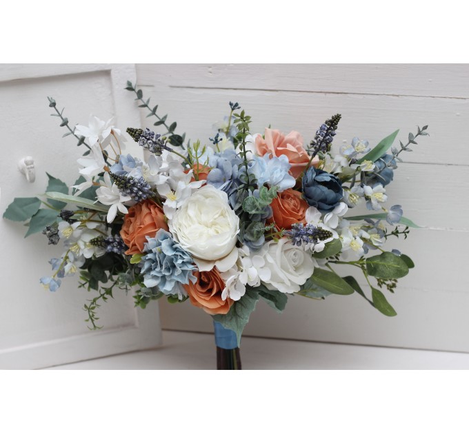 Spring & Summer Wedding Bouquets in White, Terracotta & Dusty Blue | Faux Bridal & Bridesmaid Cascading Bouquets
