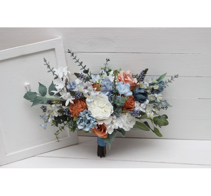 Spring & Summer Wedding Bouquets in White, Terracotta & Dusty Blue | Faux Bridal & Bridesmaid Cascading Bouquets