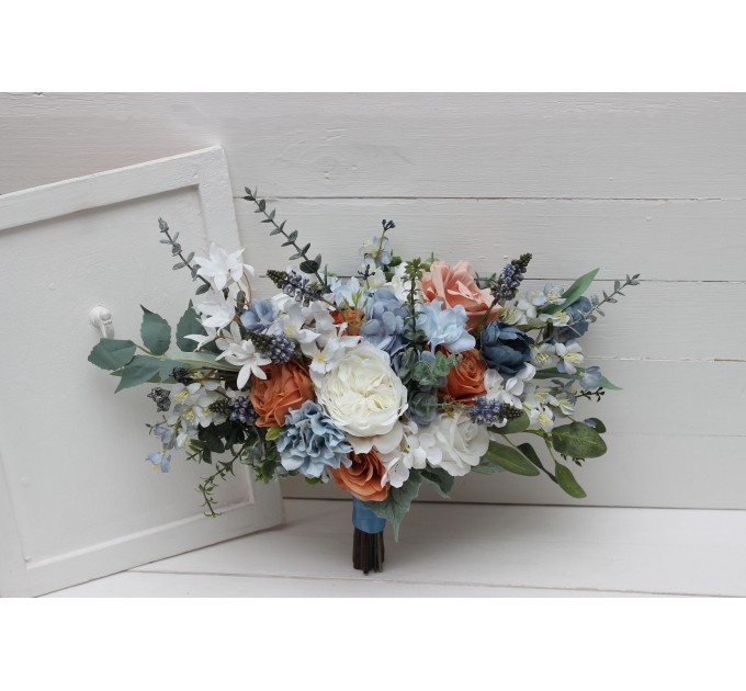 Spring & Summer Wedding Bouquets in White, Terracotta & Dusty Blue | Faux Bridal & Bridesmaid Cascading Bouquets