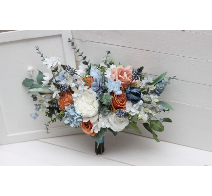 Spring & Summer Wedding Bouquets in White, Terracotta & Dusty Blue | Faux Bridal & Bridesmaid Cascading Bouquets