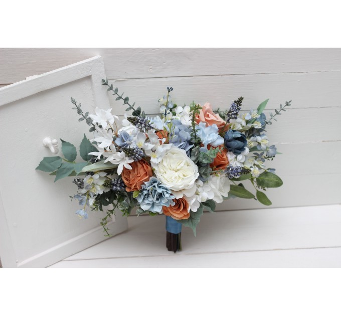 Spring & Summer Wedding Bouquets in White, Terracotta & Dusty Blue | Faux Bridal & Bridesmaid Cascading Bouquets
