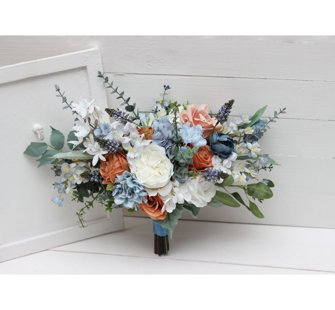 Spring & Summer Wedding Bouquets in White, Terracotta & Dusty Blue | Faux Bridal & Bridesmaid Cascading Bouquets