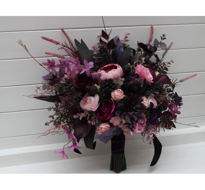 Wedding Bouquets in Deep Purple, Fuchsia & Candy Pink | Cascading Faux Bridal & Bridesmaid Bouquets