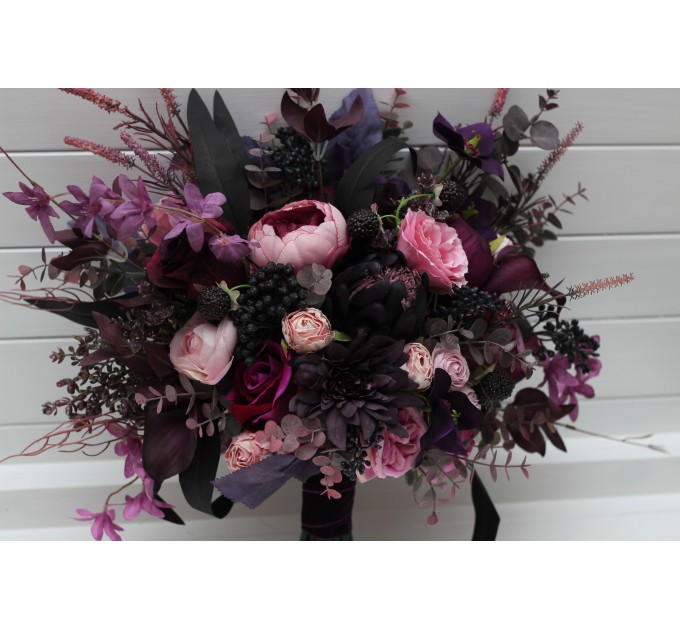 Wedding Bouquets in Deep Purple, Fuchsia & Candy Pink | Cascading Faux Bridal & Bridesmaid Bouquets