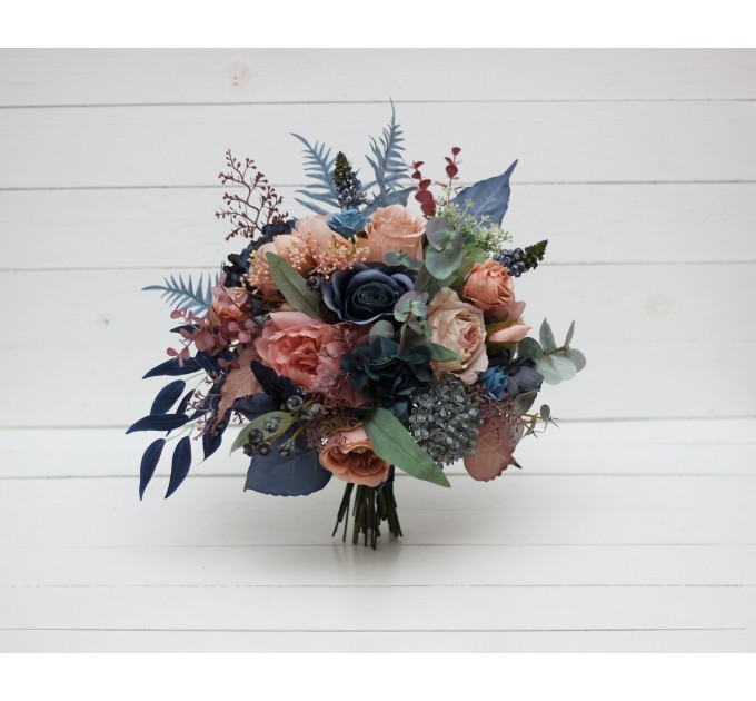 Wedding Bouquets in Navy Blue & Dusty Rose | Cascading Faux Bridal & Bridesmaid Bouquets