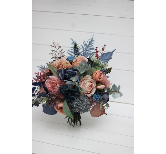 Wedding Bouquets in Navy Blue & Dusty Rose | Cascading Faux Bridal & Bridesmaid Bouquets