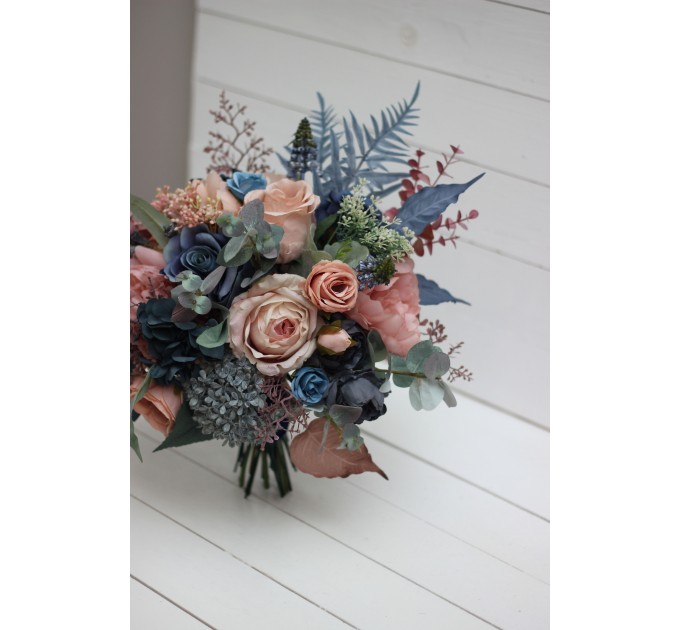 Wedding Bouquets in Navy Blue & Dusty Rose | Cascading Faux Bridal & Bridesmaid Bouquets