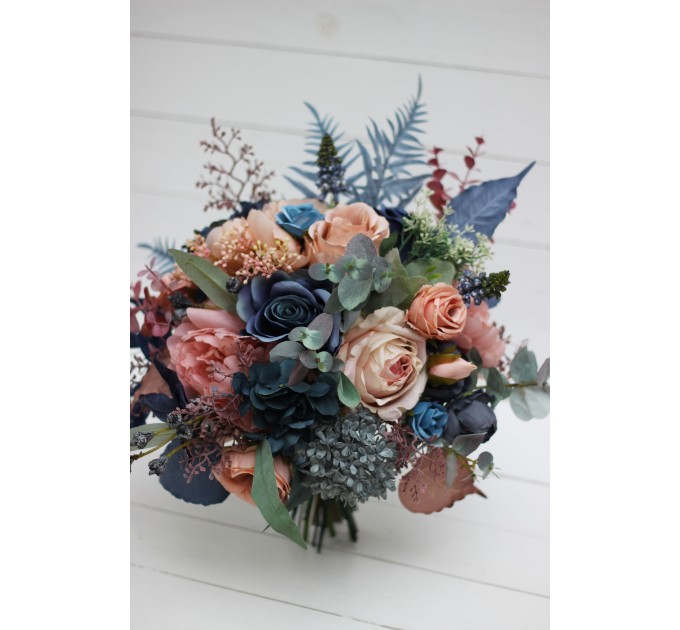 Wedding Bouquets in Navy Blue & Dusty Rose | Cascading Faux Bridal & Bridesmaid Bouquets