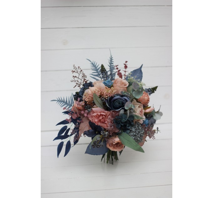 Wedding Bouquets in Navy Blue & Dusty Rose | Cascading Faux Bridal & Bridesmaid Bouquets