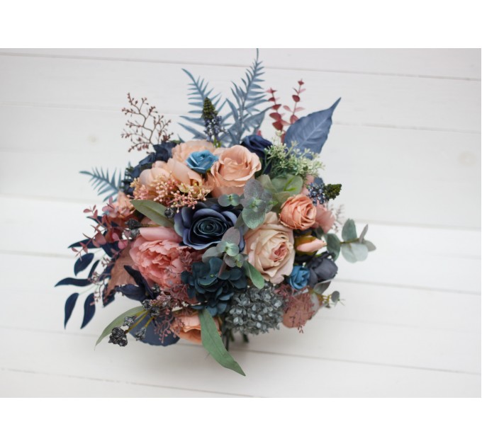 Wedding Bouquets in Navy Blue & Dusty Rose | Cascading Faux Bridal & Bridesmaid Bouquets