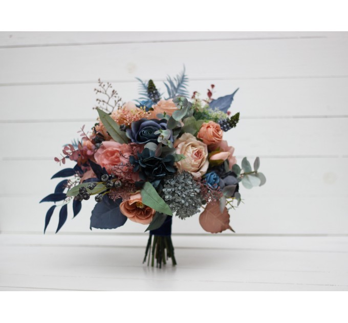 Wedding Bouquets in Navy Blue & Dusty Rose | Cascading Faux Bridal & Bridesmaid Bouquets