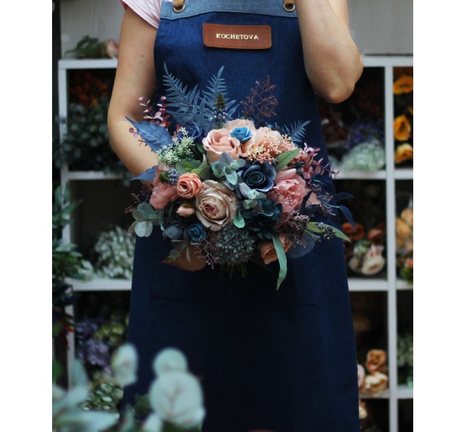 Wedding Bouquets in Navy Blue & Dusty Rose | Cascading Faux Bridal & Bridesmaid Bouquets