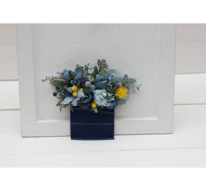 Pocket Boutonniere in Dusty Blue & Yellow | Square Faux Flower Accessories