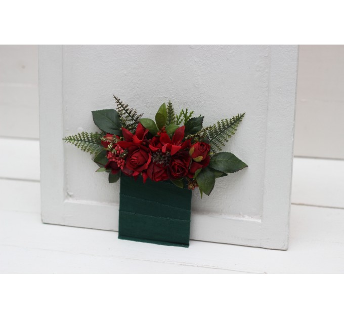 Red Roses Pocket Boutonniere for Winter & Christmas Weddings | Square Faux Flower Accessories