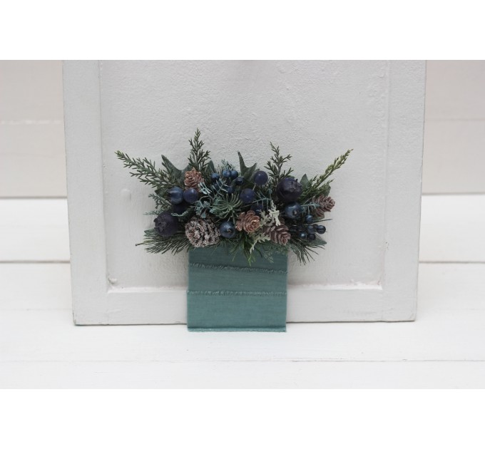 Blue Berries Pocket Boutonniere with Pine | Winter & Christmas Wedding Faux Flower Accessories