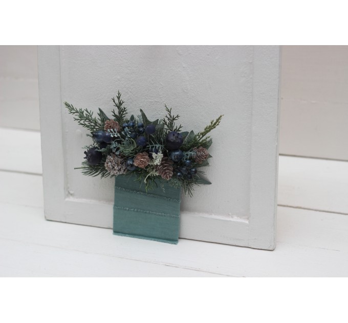 Blue Berries Pocket Boutonniere with Pine | Winter & Christmas Wedding Faux Flower Accessories