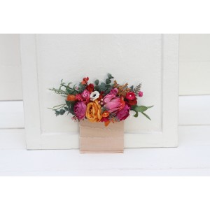Pocket boutonniere in magenta and orange color scheme. Flower accessories. Pocket flowers. Square flowers. 5242