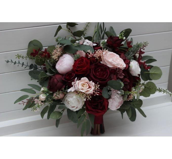 Wedding Bouquets in Burgundy & Blush Pink | Cascading Faux Bridal & Bridesmaid Bouquets
