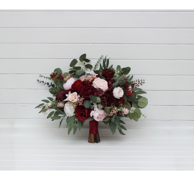 Wedding Bouquets in Burgundy & Blush Pink | Cascading Faux Bridal & Bridesmaid Bouquets
