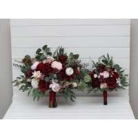Wedding bouquets in burgundy and blush pink colors. Bridal bouquet. Cascading bouquet. Faux bouquet. Bridesmaid bouquet. 5246 v2