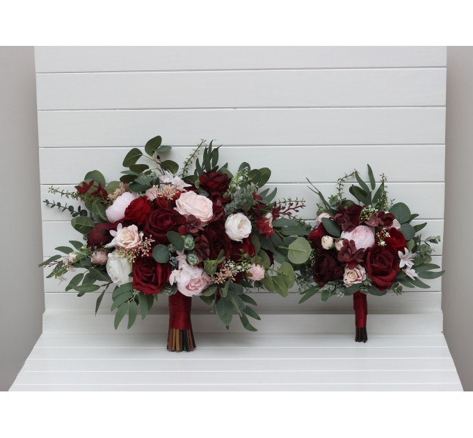 Wedding Bouquets in Burgundy & Blush Pink | Cascading Faux Bridal & Bridesmaid Bouquets
