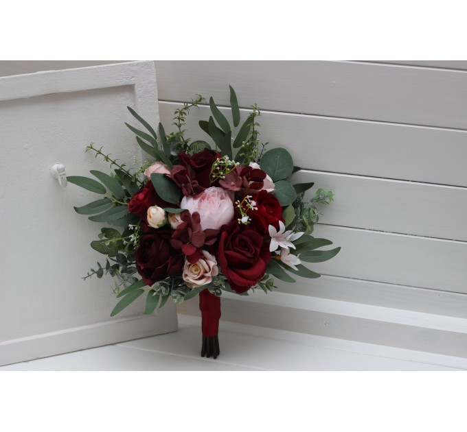 Wedding Bouquets in Burgundy & Blush Pink | Cascading Faux Bridal & Bridesmaid Bouquets