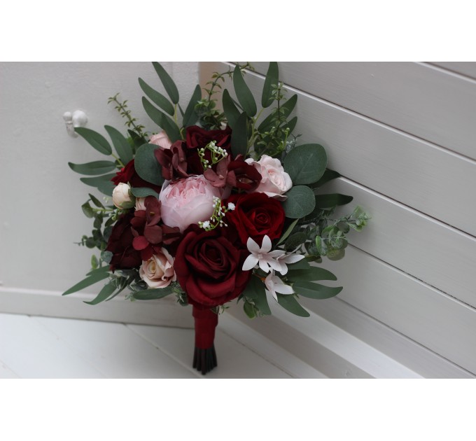 Wedding bouquets in burgundy and blush pink colors. Bridal bouquet. Cascading bouquet. Faux bouquet. Bridesmaid bouquet. 5246